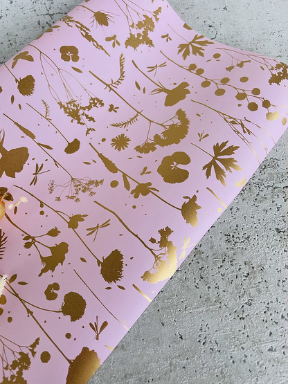 Geschenkpapier  50x300cm Kraftpapier Blumen rosa gold